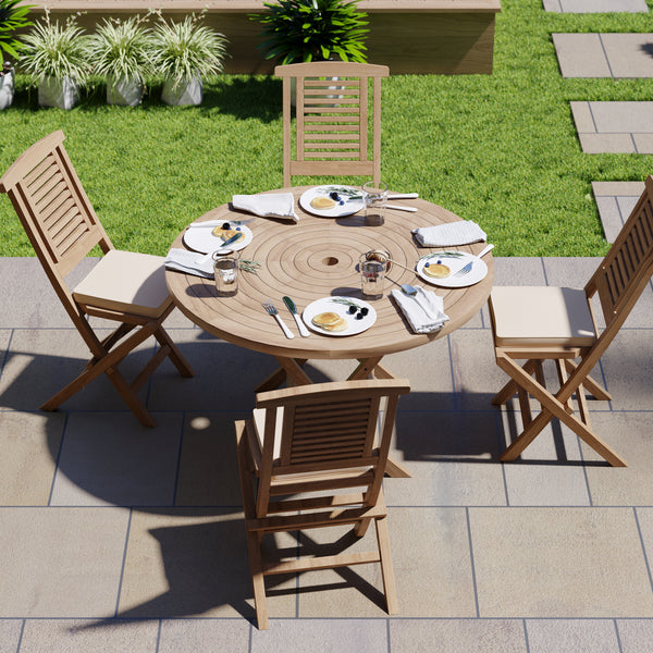 Teak garden furniture set 120cm spiral folding table (4 folding chairs) including cushions.