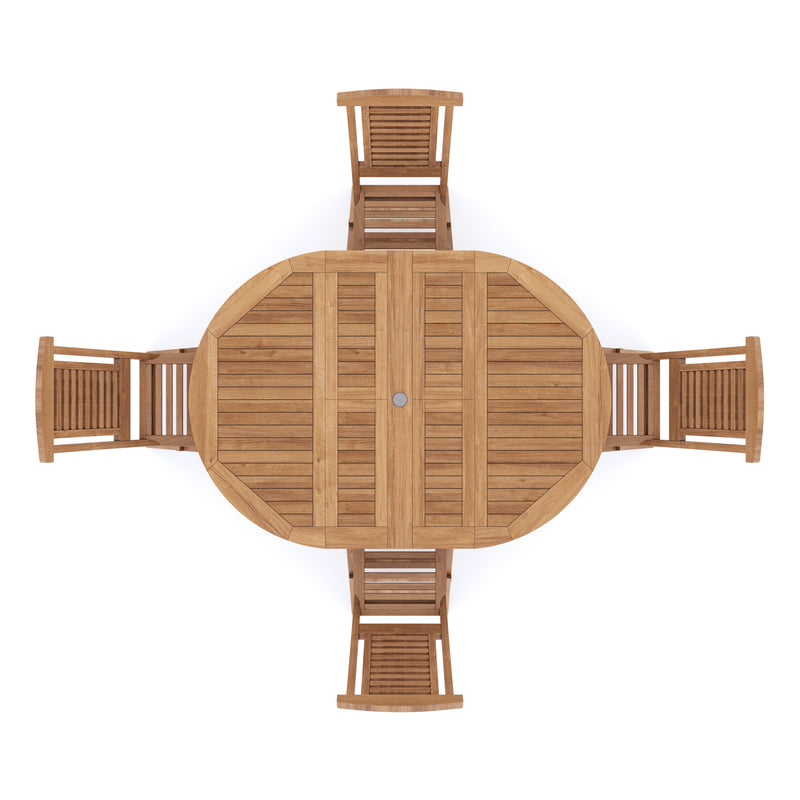 Muebles de jardín de teca de forma redonda a ovalada, mesa extensible de 120-170 cm, tablero de 4 cm (4 sillas Hampton plegables), cojines incluidos.