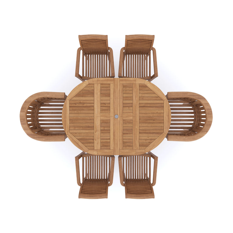 Teak Garden Furniture Round to Oval 120-170cm Extendable Table (4 Stacking Chairs 2 San Francisco Chairs) Includes Cushions.