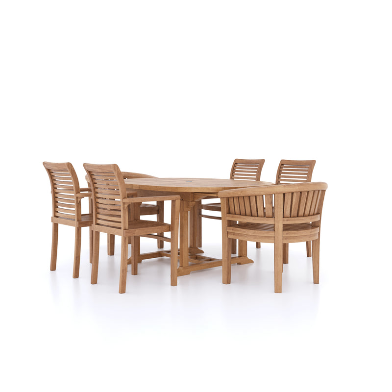 Mobiliario de jardín de teca de forma redonda a ovalada, mesa extensible de 120-170 cm (4 sillas apilables 2 sillas San Francisco) incluidos cojines.