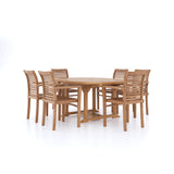 Mobiliario de jardín de teca de forma redonda a ovalada, mesa extensible de 120-170 cm (6 sillas apilables) con cojines incluidos.