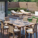 CLEARANCE Teak Garden Furniture Square To Rectangle 120-170cm Extending Table 4cm Top (6 Oxford Stacking Chairs) Cushions included.