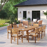 Tavolo rettangolare allungabile in teak da 180-240 cm con piano da 4 cm e 8 sedie impilabili Marlow.