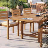 Tavolo rettangolare allungabile in teak da 180-240 cm con piano da 4 cm e 8 sedie impilabili Marlow.