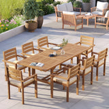 Tavolo rettangolare allungabile in teak da 180-240 cm con piano da 4 cm e 8 sedie impilabili Marlow.