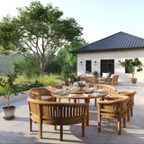 Set da pranzo in teak composto da un tavolo rotondo Maximus da 180 cm con 4 sedie San Francisco e 2 panche San Francisco – Set da pranzo da giardino contemporaneo in teak