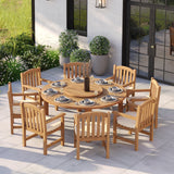 Set da pranzo in teak composto da un tavolo rotondo fisso Maximus da 180 cm e 8 sedie Warwick – Elegante set da giardino in teak