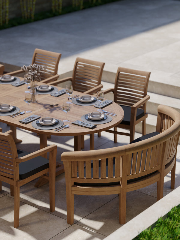 CLEARANCE Teak 180-240cm Oval Extending Table 4cm Top (6 Oxford Stacking Chairs 2 San Francisco Benches) Cushions included.