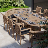 CLEARANCE Teak 180-240cm Oval Extending Table 4cm Top (6 Oxford Stacking Chairs 2 San Francisco Benches) Cushions included.