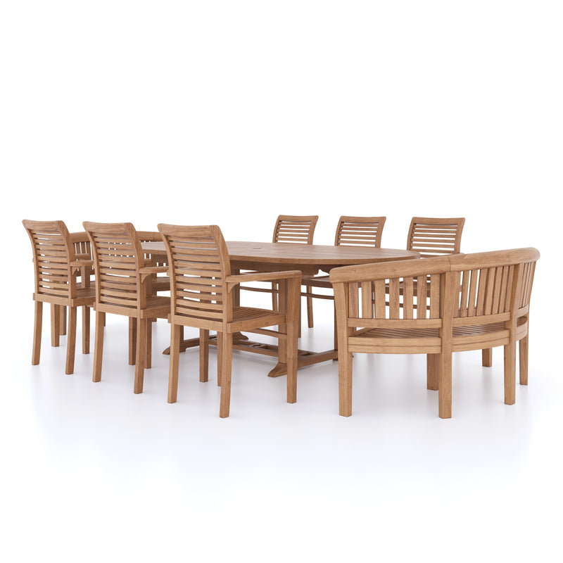 CLEARANCE Teak 180-240cm Oval Extending Table 4cm Top (6 Oxford Stacking Chairs 2 San Francisco Benches) Cushions included.