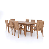 CLEARANCE Teak Garden Furniture Rectangle 180-240cm Extending Table 4cm Top (8 Henley Stacking Chairs) Cushions included.