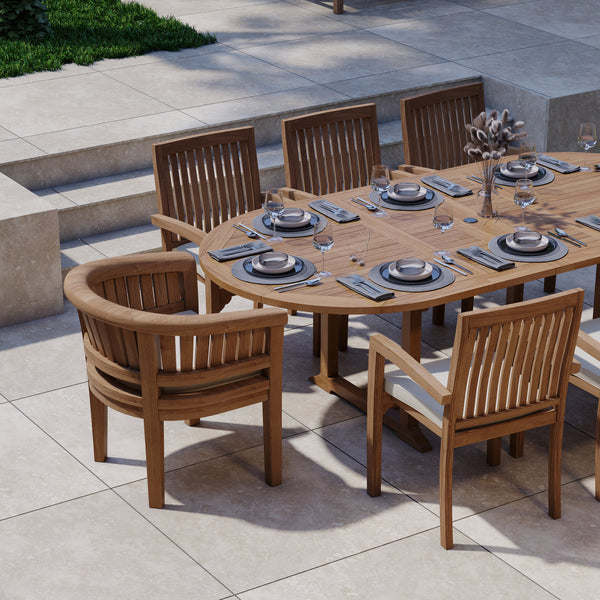 Teak 180cm to 240cm Oval Extending Table with 6 Henley Stacking Chairs & 2 Francisco Chairs