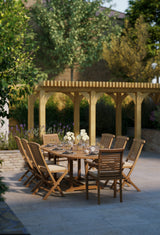 Meubles de jardin en teck ovale 180-240cm Table coulissante (6 chaises Hampton 2 empilables) Y compris les oreillers.