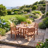 Teak Set 120cm Maximus Round Fixed Table, 4cm Top (4 x Marlow Stacking Chairs) Cushions Included: Beautiful Outdoor Teak Seat - UK and Ireland garden setting - image 2