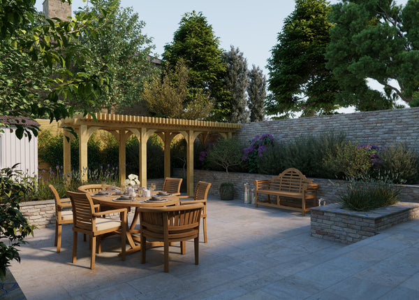 Teak tuinmeubelset 2m zonneschijn ovale tafel 4cm bovenkant (met 4 Oxford stapelstoelen, 2 San Francisco stoelen) Kussens inbegrepen.