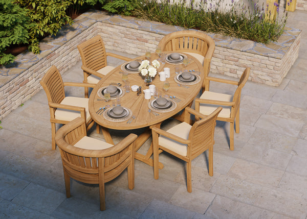 Teak Gartenmöbel Set 2m Sunshine Oval Tisch 4cm Top (mit 4 Oxford Stacking Chairs, 2 San Francisco Chairs) Inklusive Kissen.