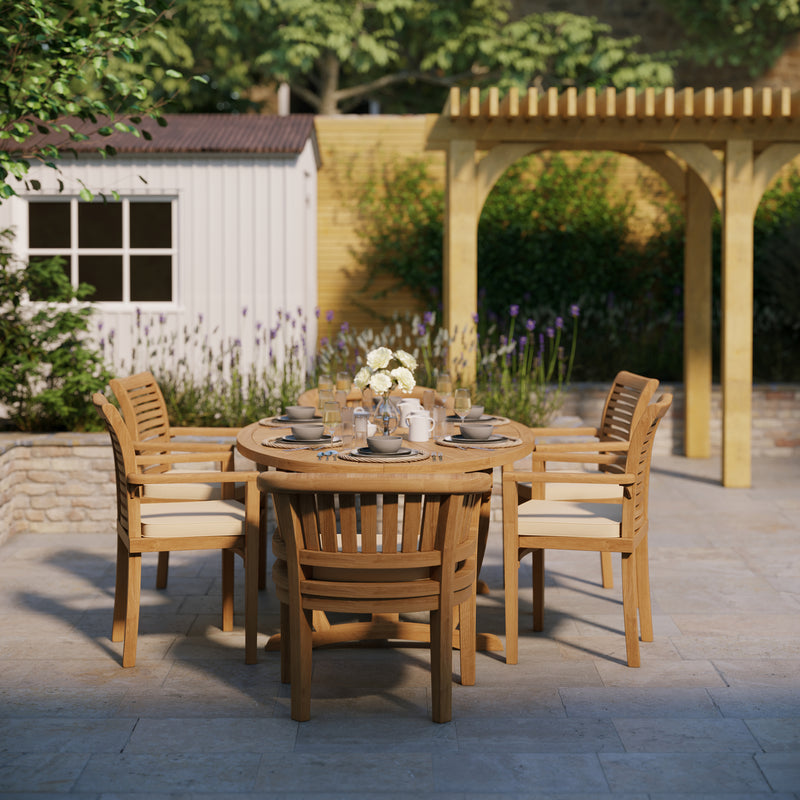 Set di mobili da giardino in teak 2m Sunshine tavolo ovale 4cm (con 4 sedie Oxford impilabili, 2 sedie San Francisco) Cuscini inclusi.