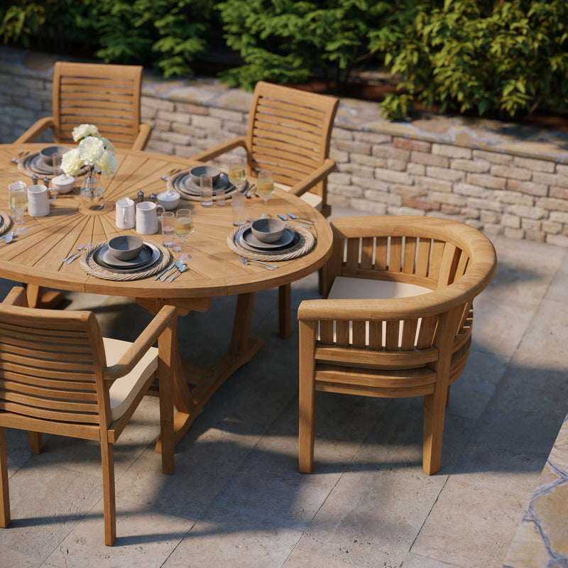 Set di mobili da giardino in teak 2m Sunshine tavolo ovale 4cm (con 4 sedie Oxford impilabili, 2 sedie San Francisco) Cuscini inclusi.
