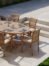 Conjunto de muebles de jardín de teca, mesa Sunshine de 2 m, tablero de 4 cm (con 6 sillas apilables Oxford), cojines incluidos.