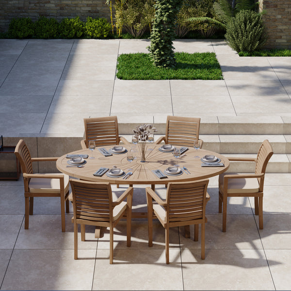 Teak garden furniture set 2m Sunshine table 4cm top (with 6 Oxford stacking chairs) including cushions.