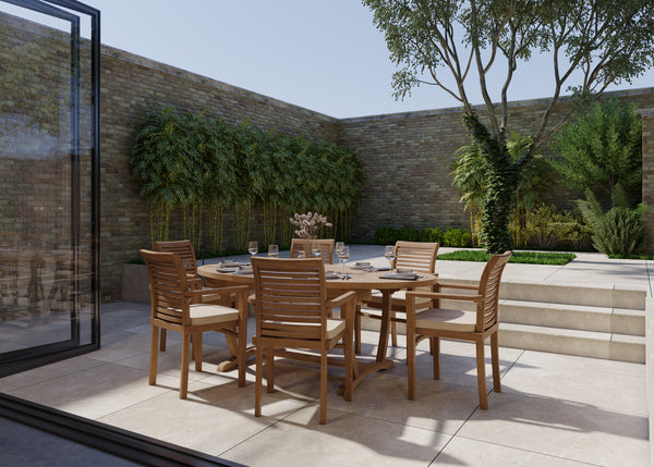 Teak tuinmeubelset 2m zonneschijntafel 4cm bovenkant (met 6 Oxford stapelstoelen) inclusief kussens.