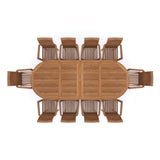 Mobiliario de jardín de teca Mesa extensible ovalada de 200-300 cm con 10 sillas apilables, cojines incluidos.