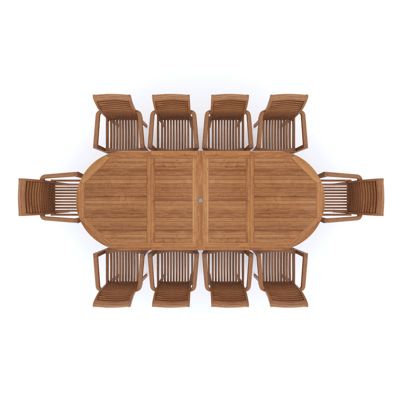 Meubles de jardin en teck 200-300cm Table coulissante ovale avec 10 chaises empilables, y compris les oreillers.
