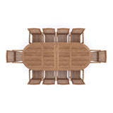 CLEARANCE Teak Garden Furniture 2-3m Oval Extending Table 4cm Top (10 Henley Stacking Chairs) Cushions included.