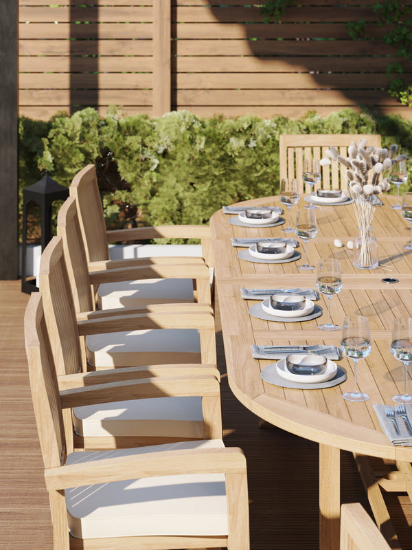 CLEARANCE Teak Garden Furniture 2-3m Oval Extending Table 4cm Top (10 Henley Stacking Chairs) Cushions included.