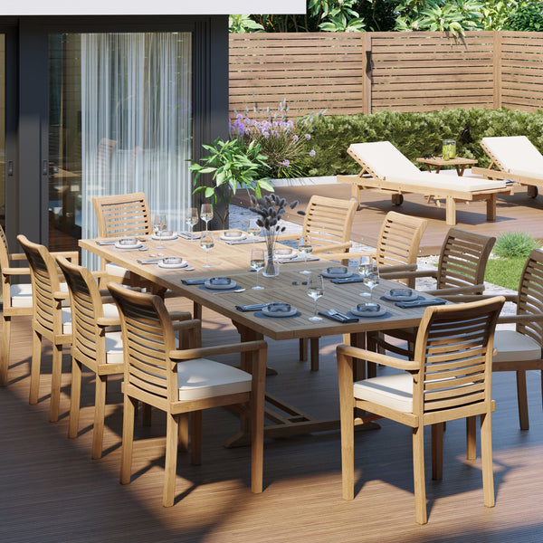 Teak tuinmeubelset 200-300cm uitschuifbare rechthoekige tafel (10 Oxford stapelstoelen) inclusief kussens.