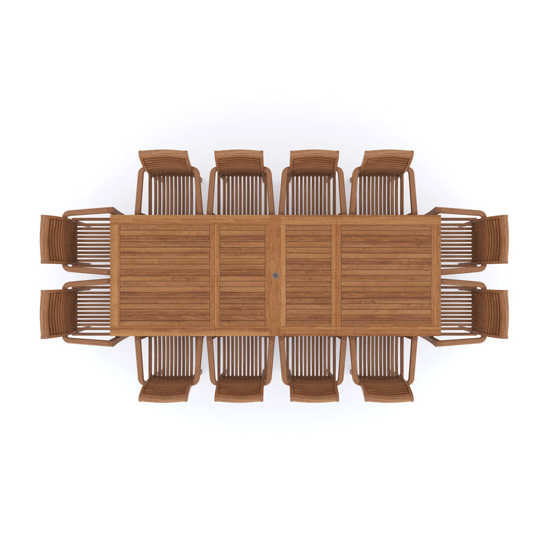 Enorme set di mobili da giardino in teak 200-300cm Tavolo estraibile rettangolare (12 sedie impilabili oxford) Compresi i cuscini.