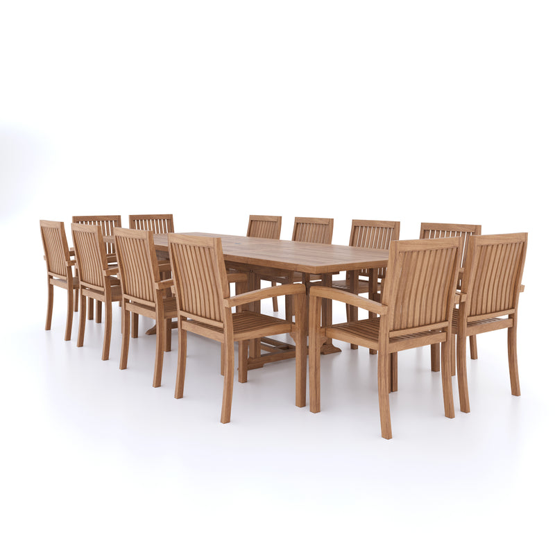 Conjunto de muebles de jardín de teca gigante, mesa extensible rectangular de 2-3 m, tablero de 4 cm (12 sillas apilables), cojines incluidos.