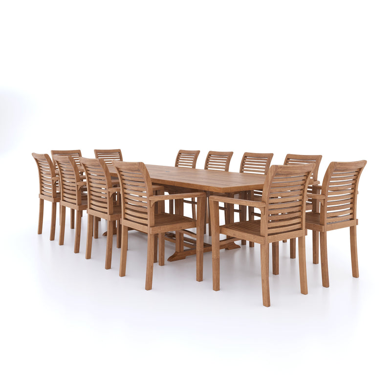 Enorme conjunto de muebles de jardín de teca, mesa extensible rectangular de 200-300 cm (12 sillas apilables), cojines incluidos.