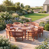 Teak Set 180cm Maximus Round Table with 6 San Francisco Chairs & 1 San Francisco Bench - Teak Outdoor Dining Furniture Set - UK and Ireland garden setting - image 1