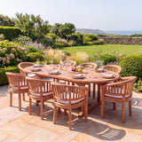 Teak Set Oval 2-3m Extending Table 4cm Top (8 San Francisco Chairs) Cushions included- Contemporary Teak Garden Furniture Set for Alfresco Living - UK and Ireland garden setting - image 2