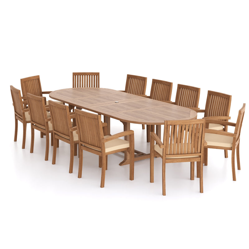 Giant Teak Oval Set 200cm-300cm Extending Table with 12 Henley Stacking Chairs