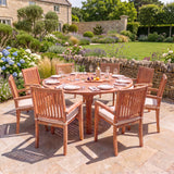 Teak Set 180cm Maximus Round Table 4cm Top (8 Henley Stacking Chairs) Cushions Included: Minimalist Round Outdoor Dining Set - UK and Ireland garden setting - image 3