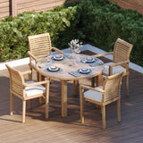 Teak Set 120cm Maximus Round Fixed Table, 4cm Top (4 x Oxford Stacking Chairs) Cushions included.