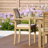 Teak Set 120cm Maximus Round Fixed Table, 4cm Top (4 x Oxford Stacking Chairs) Cushions included.