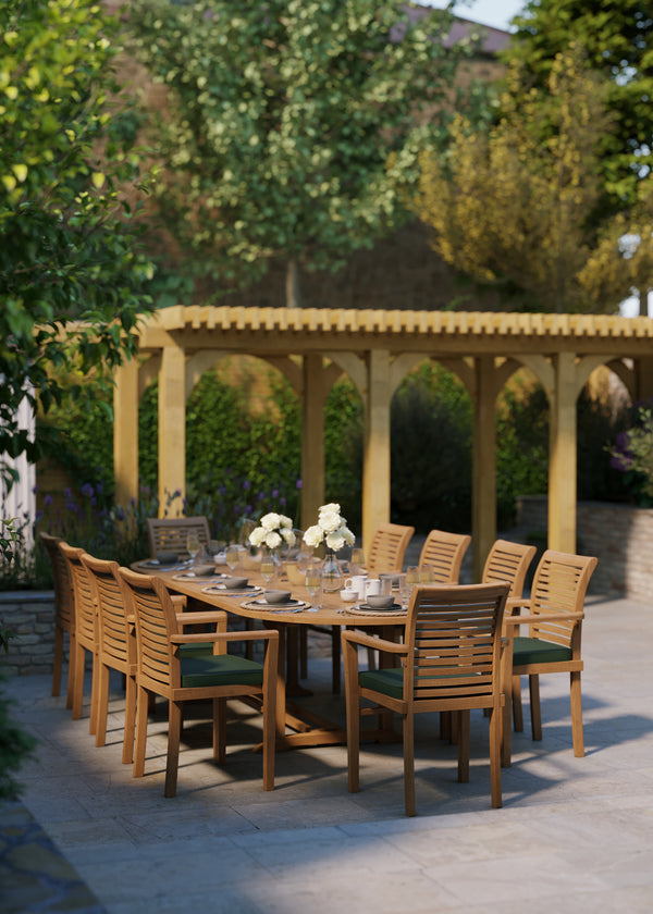Teak garden furniture 200-300cm Oval extendable table with 10 Oxford stacking chairs including cushions.