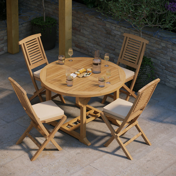 Teak garden furniture round to oval 120-170cm extendable table 4cm top (4 folding Hampton chairs) including cushions.