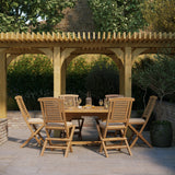 Teak Gartenmöbel Rund bis Oval 120-170cm Ausziehtisch 4cm Platte (6 klappbare Hampton Stühle) inklusive Kissen.