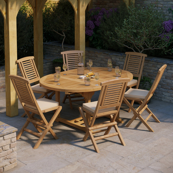 Teak garden furniture round to oval 120-170cm extendable table 4cm top (6 folding Hampton chairs) including cushions.