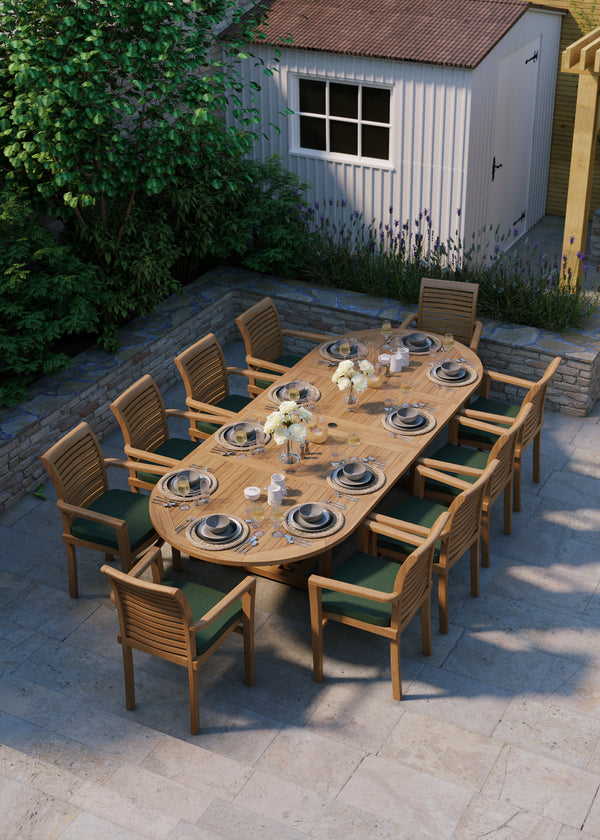 Teak garden furniture 200-300cm Oval extendable table with 10 stacking chairs including cushions.