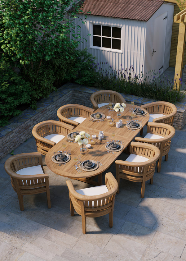 Teak tuinmeubelset ovale 200-300cm uitschuifbare tafel (8 San Francisco stoelen) inclusief kussens.