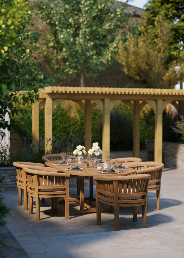 Teak garden furniture set oval 180-240cm extendable table (6 San Francisco chairs) Includes cushions.