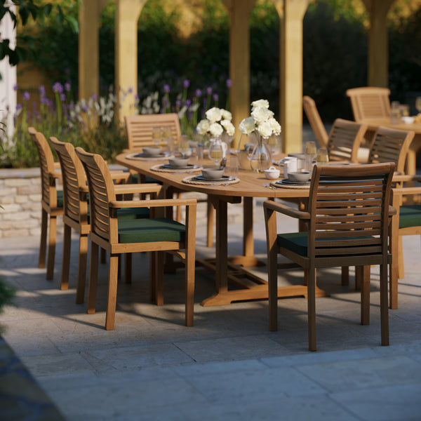 Meubles de jardin en teck ovale 180-240cm Table extensible (8 x chaises empilables Oxford) Y compris les oreillers.