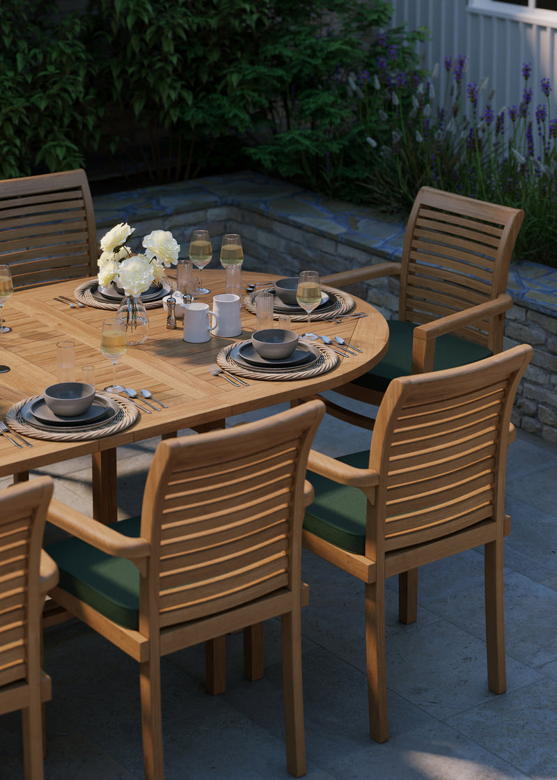 Teak garden furniture oval 180-240cm extendable table (8 x Oxford stacking chairs) including cushions.