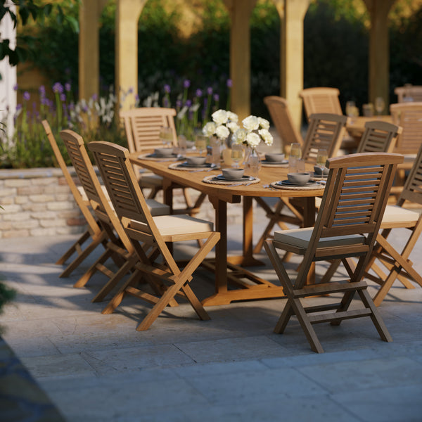 Teak tuinmeubilair ovaal 180-240cm uittrektafel 4cm plaat (8 Hampton stoelen) inclusief kussens.