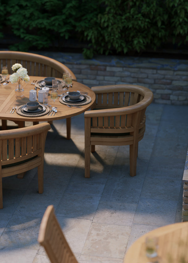 Teak garden furniture set oval 180-240cm extendable table (2 San Francisco chairs &amp; 2 benches) including cushions.